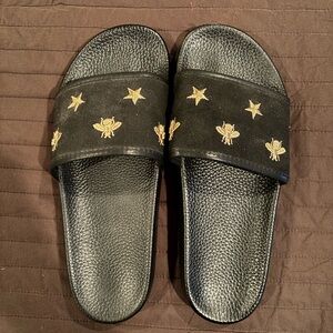 Black Slides with Gold Star and Bee Embroidery size 9-9.5 gently used very clean